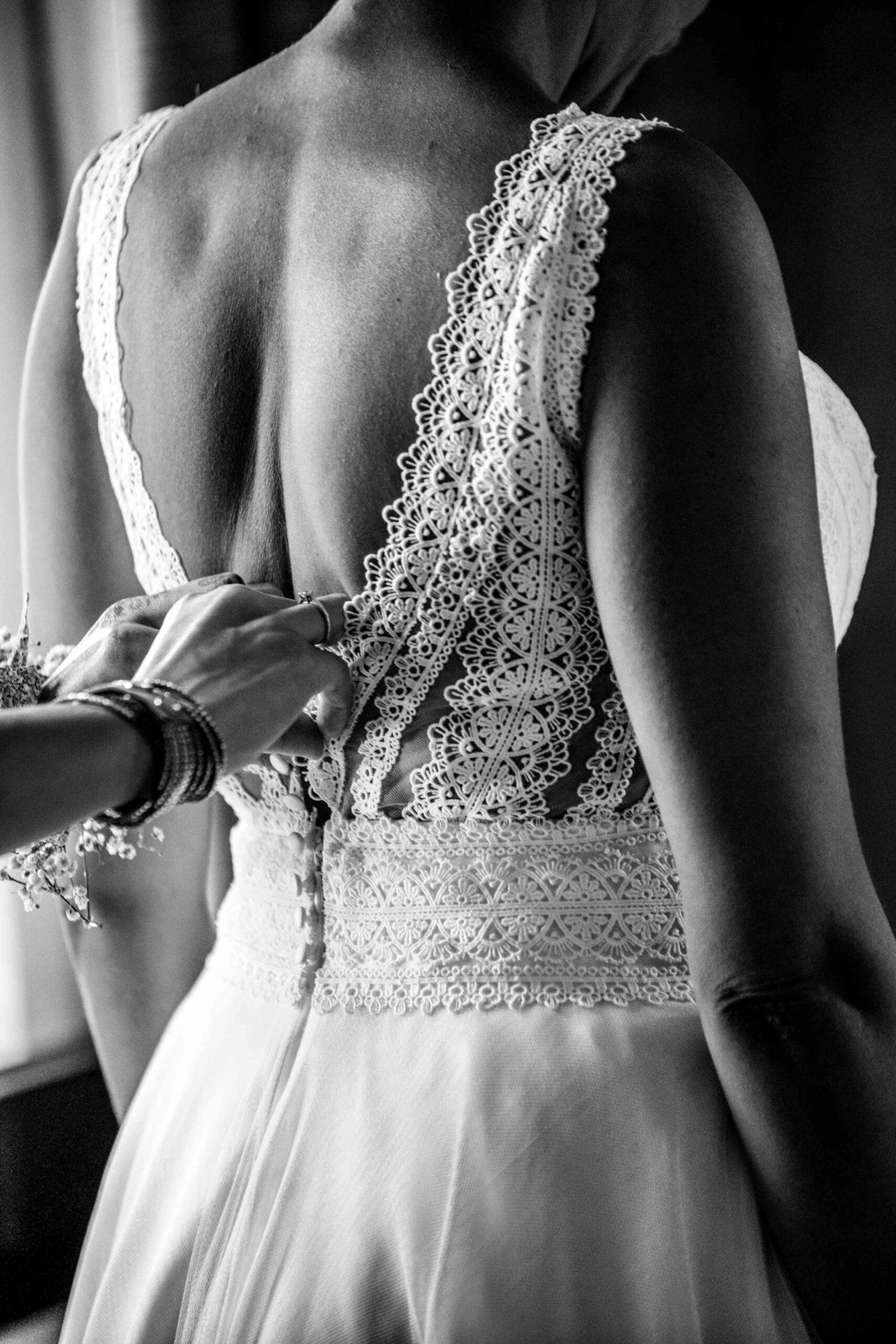 Lace detail on a wedding gown — original black-and-white edit